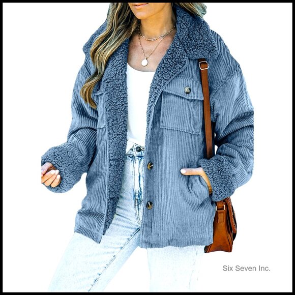 Corduroy Sherpa Jacket Women's Pea Coat Button Down Fleece Collar Winter